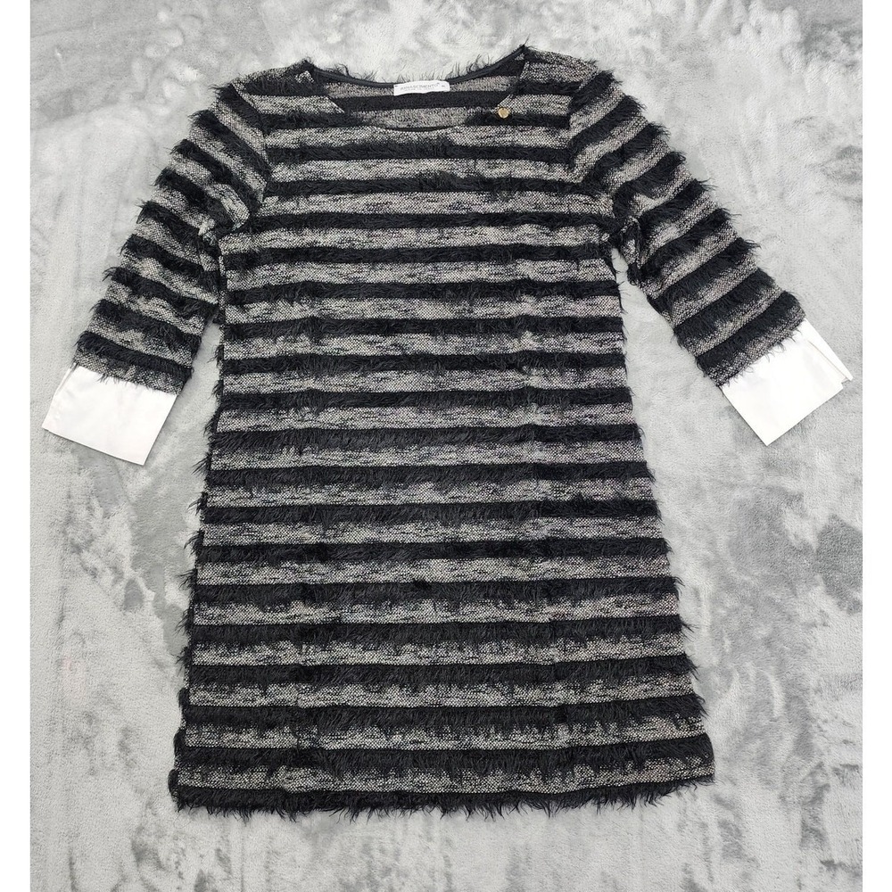 Rinascimento Dress Womens‎ M Black Striped Fuzzy Eyelash Knit 3/4 Sleeves Cuffed